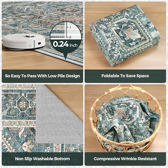 WITSHOCK Round Living Room Rugs 8Ft: Washable Vintage Boho Soft Low Pile Non-Slip Stain Resistant Foldable Carpet for Bedroom Playroom Dining Room Office, Distressed Farmhouse Home Decor Rug-Dull Teal