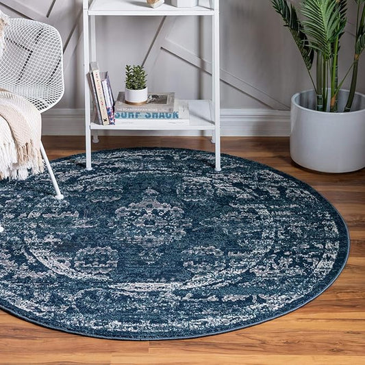 Rugs.com Charleston Collection Rug – 5 Ft Round Navy Blue Low-Pile Rug Perfect for Kitchens, Dining Rooms