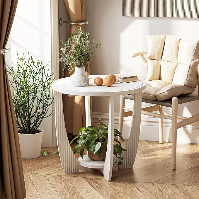 COZAYH Rustic Farmhouse end Table with Storage Shelf, French Country Accent Side Table for Family, Dinning or Living Room, Small Spaces, Modern, Round, White