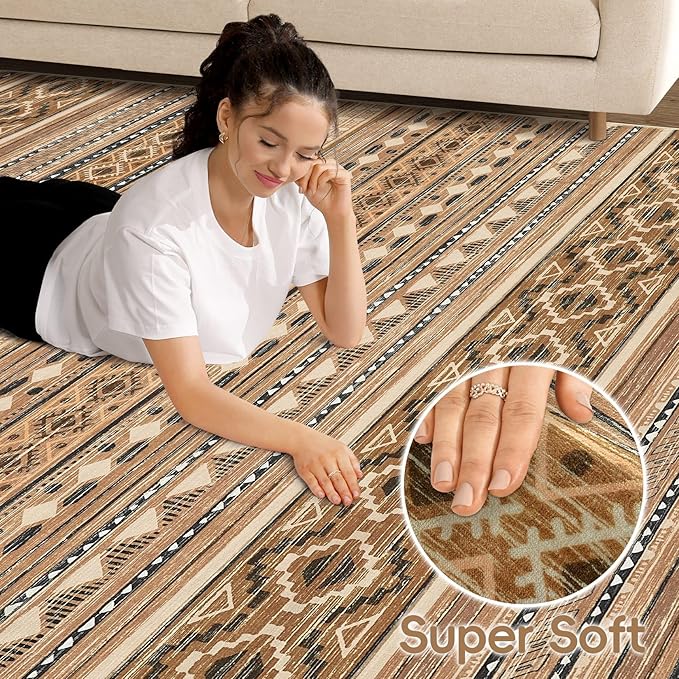 Area Rugs for Living Room Washable Living Room Rug Soft Neutral Indoor Floor Carpet Non-Slip Stain Resistant Modern Boho Rugs for Bedroom Dining Room Kids Room Nursery Office Home Brown/Beige