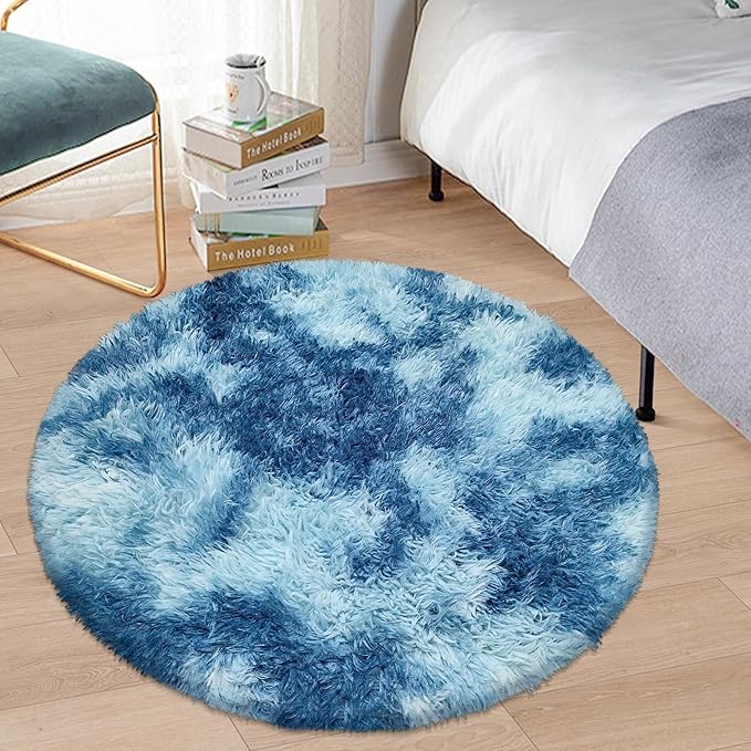 Round Rug 3 ft Blue Circle Area Rug,Tie Dyed Soft Shaggy Circle Rug Fluffy Plush Round Carpet for Kids Girls Boys Room Baby Nursery Living Room Playroom Home Decor