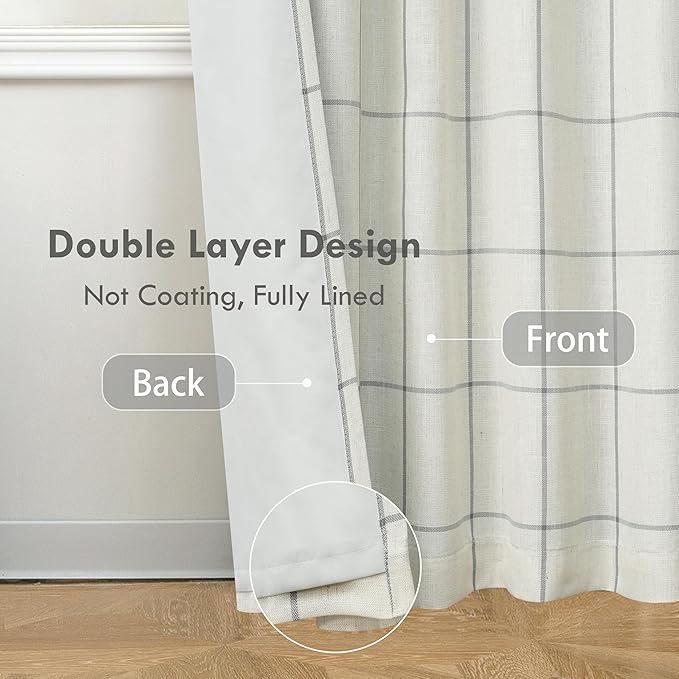 DriftAway 2 Panels 100% Blackout Windowpane Plaid Linen Curtains Double Layer Drapes for Bedroom 96 Inches Long Farmhouse Thermal Insulated 3.25 Inch Rod Pocket Back Tab for Living Room Gray