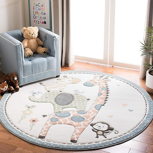 SAFAVIEH Carousel Kids Collection Area Rug - 4' Round, Ivory, Animal Design, Non-Shedding & Easy Care, Ideal for High Traffic Areas for Boys & Girls in Playroom, Nursery, Bedroom (CRK120A)