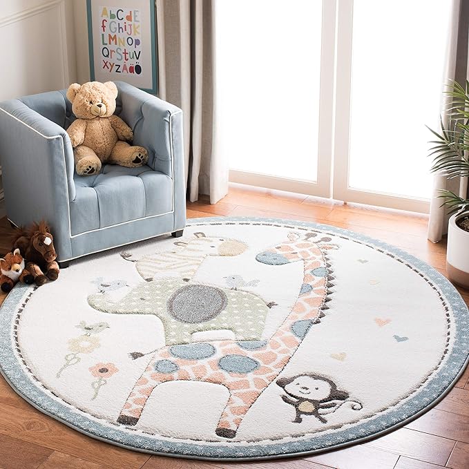 SAFAVIEH Carousel Kids Collection Area Rug - 5'3" Round, Ivory, Animal Design, Non-Shedding & Easy Care, Ideal for High Traffic Areas for Boys & Girls in Playroom, Nursery, Bedroom (CRK120A)
