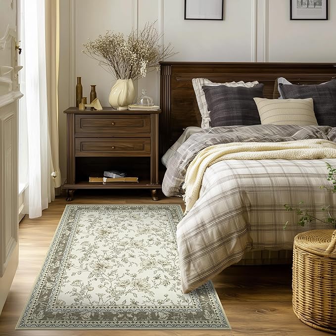 Floral Boho Rug 4x6 Washable Non Slip Area Rug Bohemian Carpet Door Mat Taupe Beige Tan Floral Distressed Modern Farmhouse Sketch Style Flower for Bedroom Foldable 4x6 for Entryway Living Room