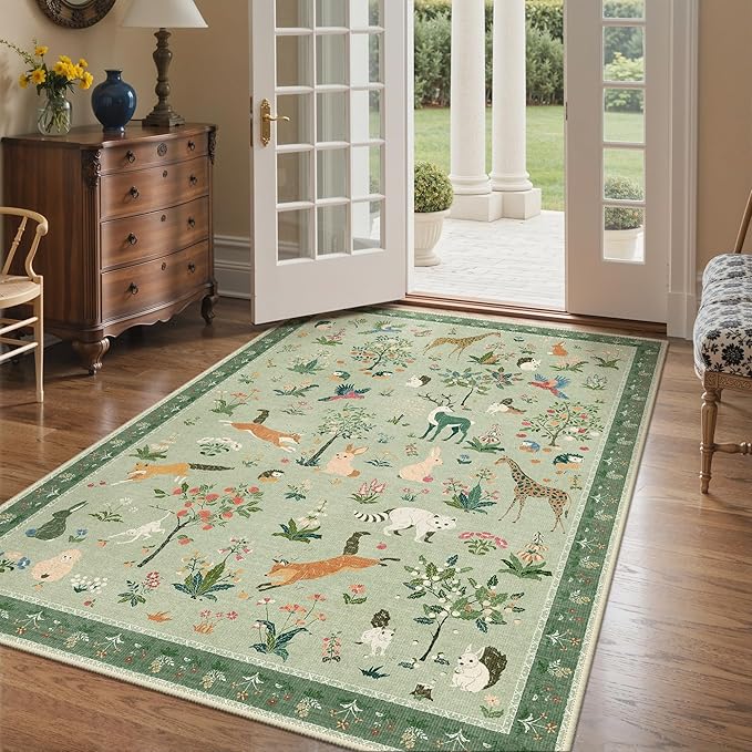 Rugs for Living Room 5x7 Floral Animal Print Area Rug Machine Washable Rug, Non Slip Low Pile Carpet for Bedroom, Entryway, Light Green