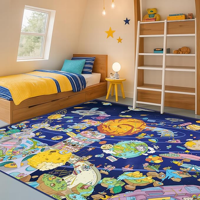 Solar System Explorer 6x9 Kids Area Rug – Educational Outer Space Map with Planets, Rockets, Robots & Aliens – Ideal for Playroom, Classroom, Living Room, or Science-Loving Children