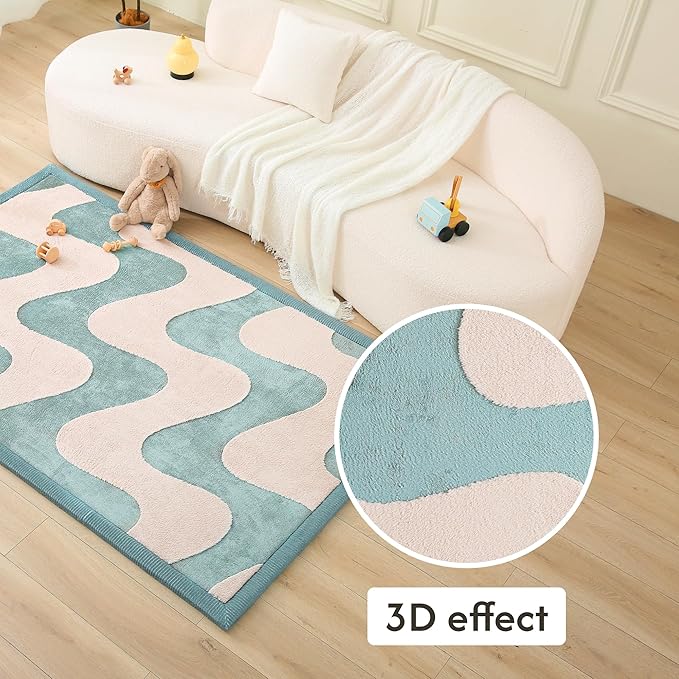 Stylish Coral Baby Play Mat for Floor 47" x 67" Waves – Soft 1" Thick High-Density Memory Foam Nursery Rug,Kids Rug with Non-Slip Backing for Crawling & Playing, Playroom Rug, Kids Carpet