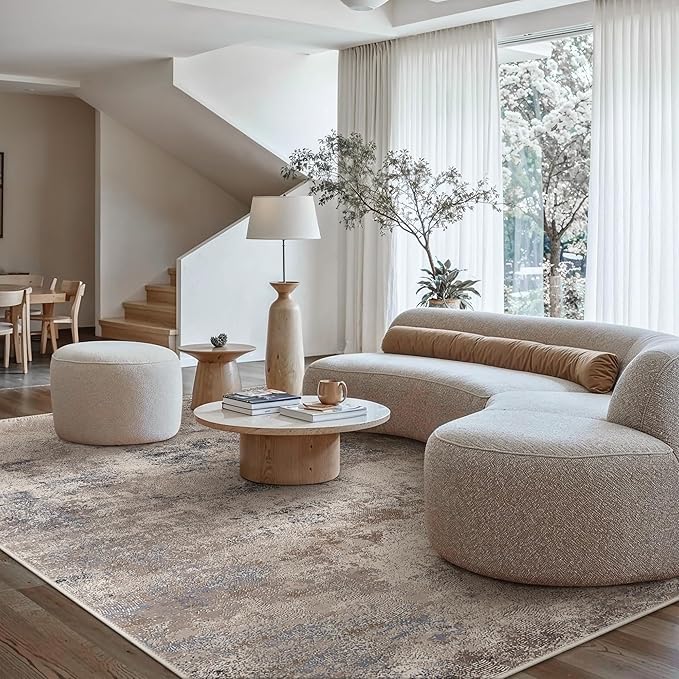 GENIMO Washable 8x10 Area Rugs for Living Room, Non Slip Modern Abstract Rug, Machine Washable Stain Resistant Low Pile Soft Carpet for Bedroom, Dining, Office,Grey Beige
