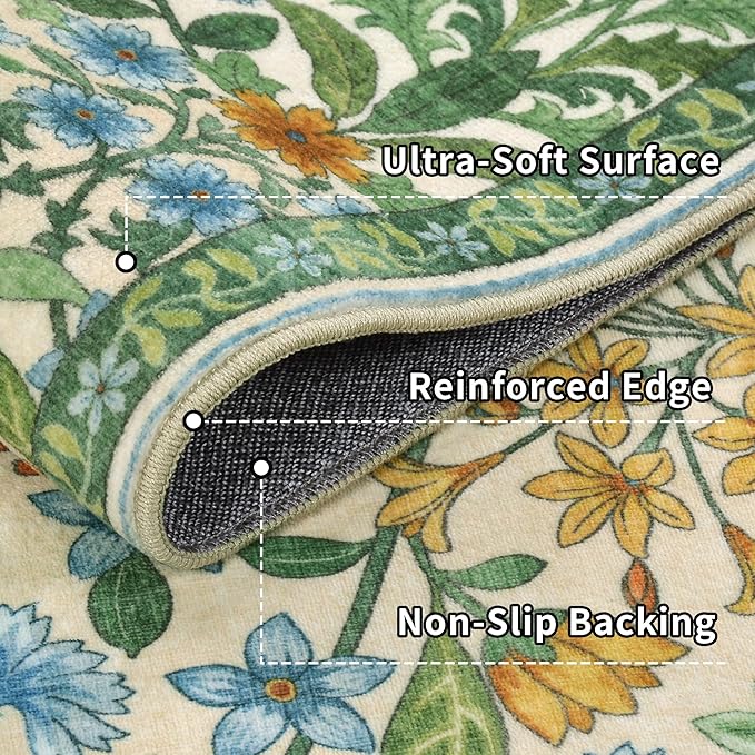 Floral 2x3 Entryway Rug,Washable Front Door Mat Indoor Non Slip Low Pile Small Carpet, Soft Grass Green Boho Botanical Throw Rug for Bathroom Bedroom Kitchen Laundry Indoor Entrance