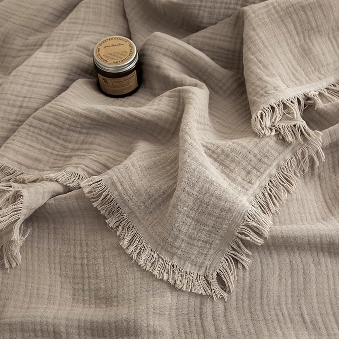 FOSSA Muslin Blanket with Fringe - 4-Layer 100% Cotton Gauze Super Soft & Breathable Throw -Lightweight Decorative Cooling Blanket for Bed, Sofa, Office (Beige Gray, Queen (90" × 90"))