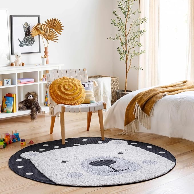 Hauteloom Kids Room, Nursery Round Area Rug - Outdoor Patio Safe - Animal Bear Playroom Carpet - Beige, Gray, Black, Cream - 3'11"