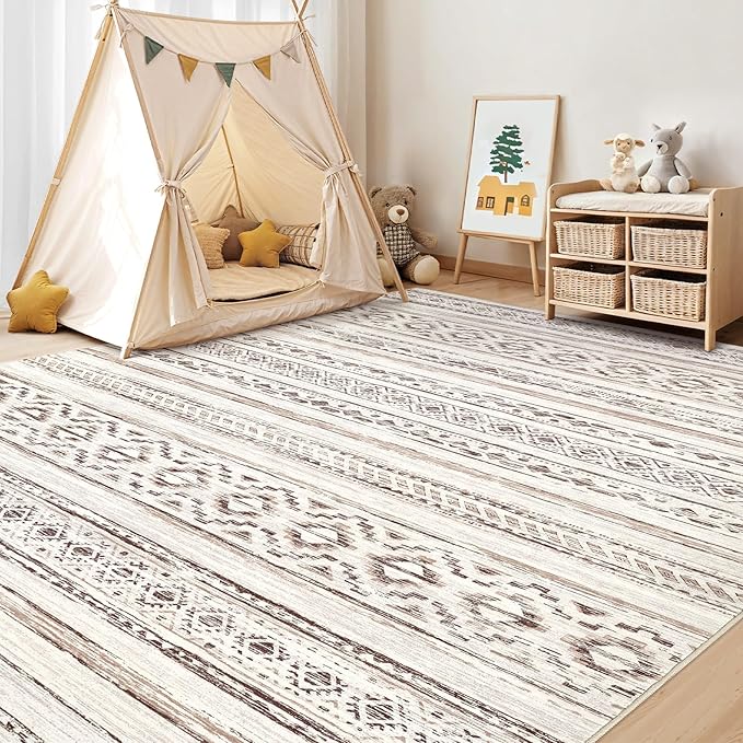Area Rugs for Living Room Washable Living Room Rug Soft Neutral Indoor Floor Carpet Non-Slip Stain Resistant Modern Boho Rugs for Bedroom Dining Room Kids Room Nursery Office Home Cream Brown