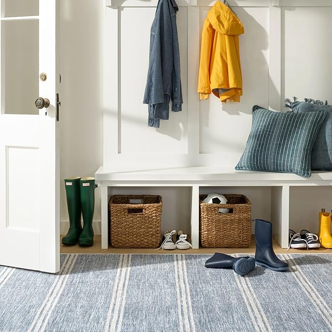 Dash and Albert Malta Blue Machine Washable Area Rug - 6' x 9' Blue Stripe Washable Accent Rug - Durable, High Traffic Areas Kitchen, Mudroom, Hallways