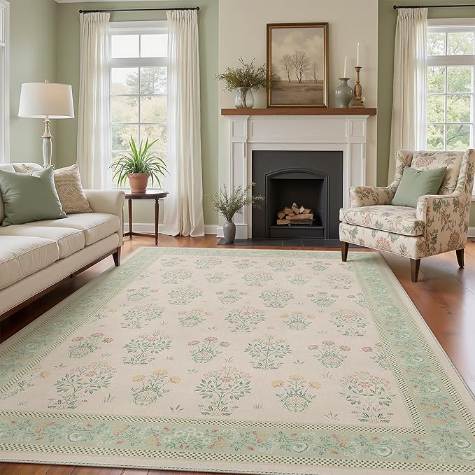 GENIMO Green Floral Area Rug for Living Room, 5x7 Washable Rug Vintage Boho Area Rug with Non-Slip Backing, Soft Green Carpet for Indoor Bedroom, Dining Room,Girls Kids Room and Nursery Room