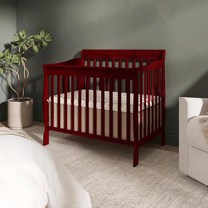 Dream On Me Aden 4-in-1 Convertible Mini Baby Crib in Cherry, GreenGuard Gold & JPMA, Sustainable Pinewood, Non-Toxic Finish, 3 Mattress Heights, Converts to Mini Day & Twin-Size Bed