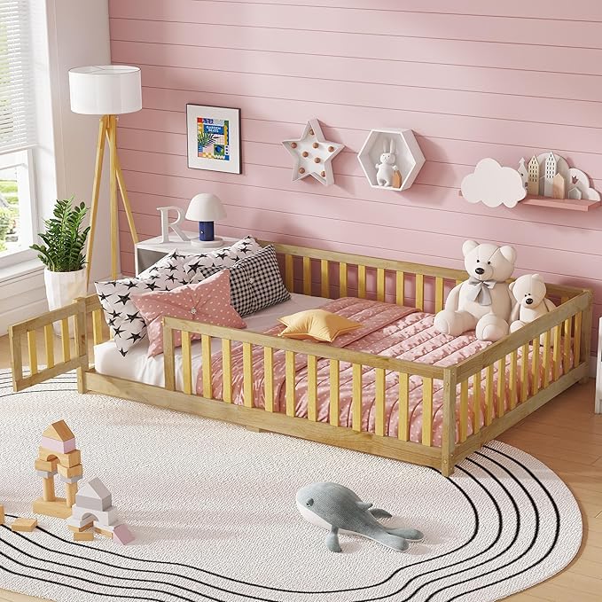 Bellemave Full Size Floor Bed Frame with Fence and Door for Kids, Montessori Floor Bed with Slats and Safety Guardrails,Solid Wood Full Bed Frame for Girls Boys,Natural