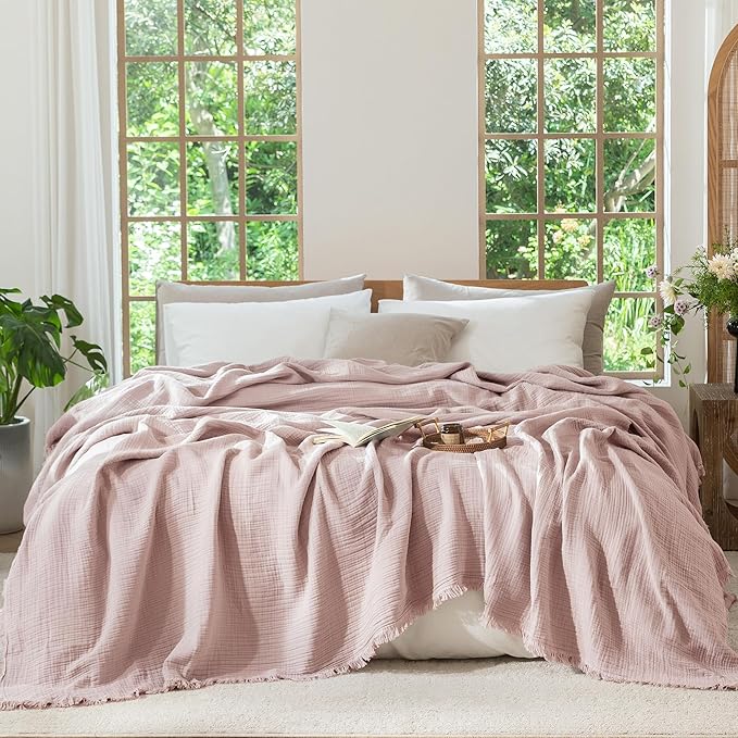 MooMee Muslin Blanket - 100% Cotton 4-Layer Gauze Throw Blanket with Tassels Ultra-Soft Breathable Lightweight Cooling for Bed Couch (Greyish Pink, Queen 90" x 90")