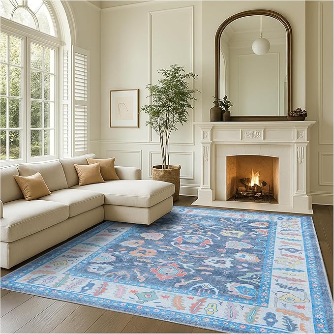 Fame Rugs Blue Modern Oushak Rug 5x7, Washable Vintage Turkish Colorful Oriental Antique Inspired Area Rugs, Luxury Living Room Bedroom (387BNB, 5' x 7')