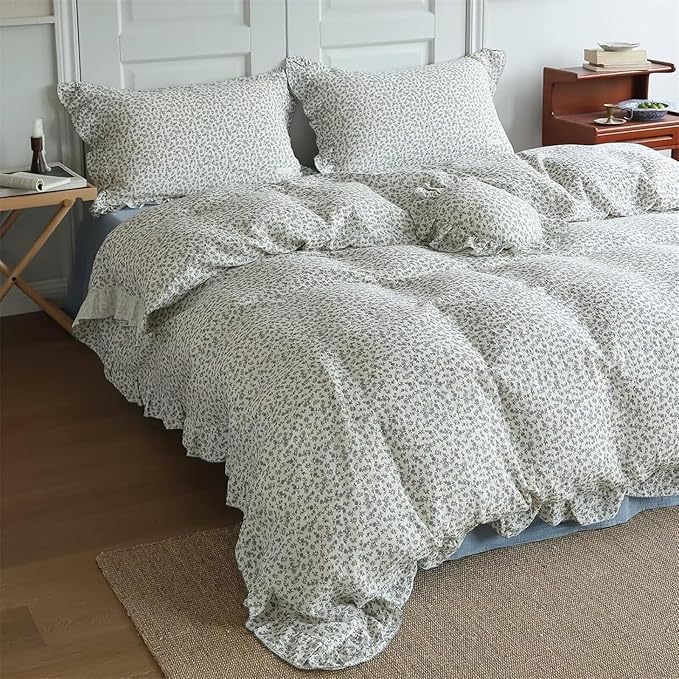 AOJIM Floral Print Duvet Cover 1PC for Kids and Adults, Super Soft Muslin Cotton Ruffled Comforter Cover Full Size 79X90'', Vintage Room Decor Breathable Durable Bedding Duvet Cover with Zipper, Blue
