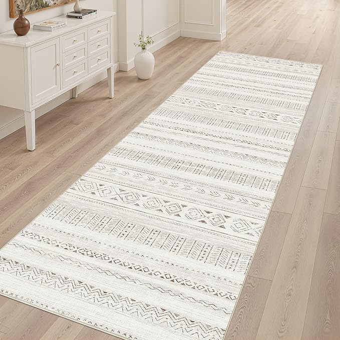Boho Hallway Runner Rug 2.6x8: Soft Machine Washable Moroccan Farmhouse Runner for Entryway Kitchen Laundry - Non-Slip Morden Indoor Rug for Bedroom Bathroom - Light Brown/Cream