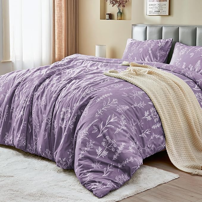MUXHOMO Duvet Cover King Size, Reversible Floral Grayish Purple Duvet Cover Set with Zipper Closure, 3 Pieces Botanical Patterns Soft Microfiber Bedding Set with 4 Ties (90"x104", 2 Pillow Cases)