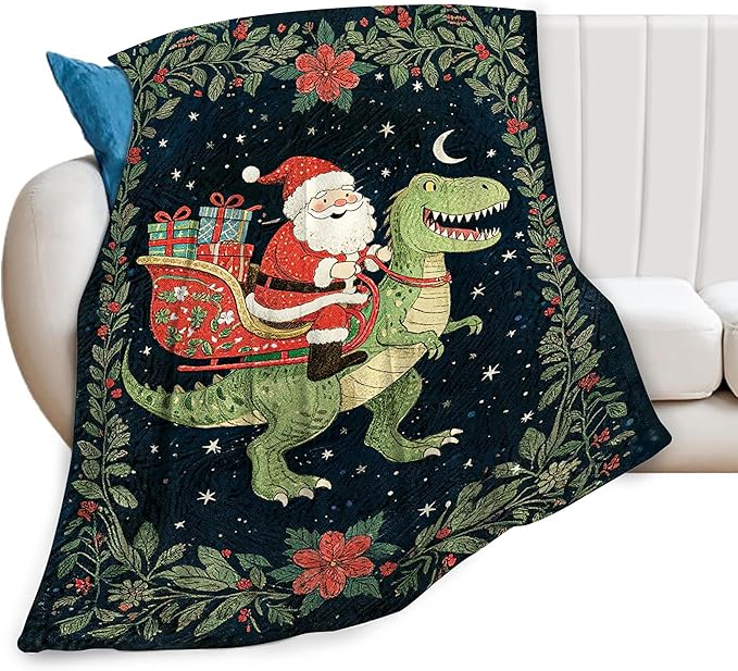Dinosaur Blanket Christmas Santa Claus Dinosaur Throw Blanket Soft Cozy Fleece Fuzzy Plush Warm Stuff Bedding Nursery Toddler Baby Blankets Gifts for Boys Girls Kids Adult Men Women 60"X80"