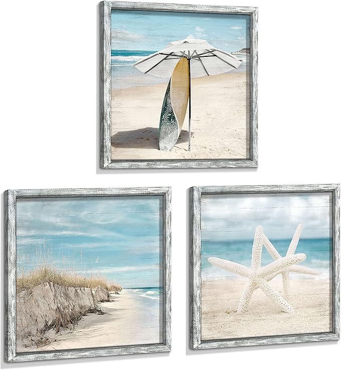 Beach Pictures Wooden Wall Art: Ocean Artwork Home Decor Set of 3 Seascape Pathway Surfboard Starfish Collection Prints for Bedroom Framed