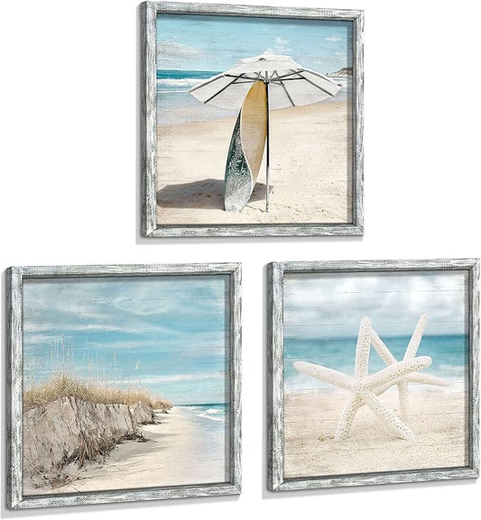 Beach Pictures Wooden Wall Art: Ocean Artwork Home Decor Set of 3 Seascape Pathway Surfboard Starfish Collection Prints for Bedroom Framed