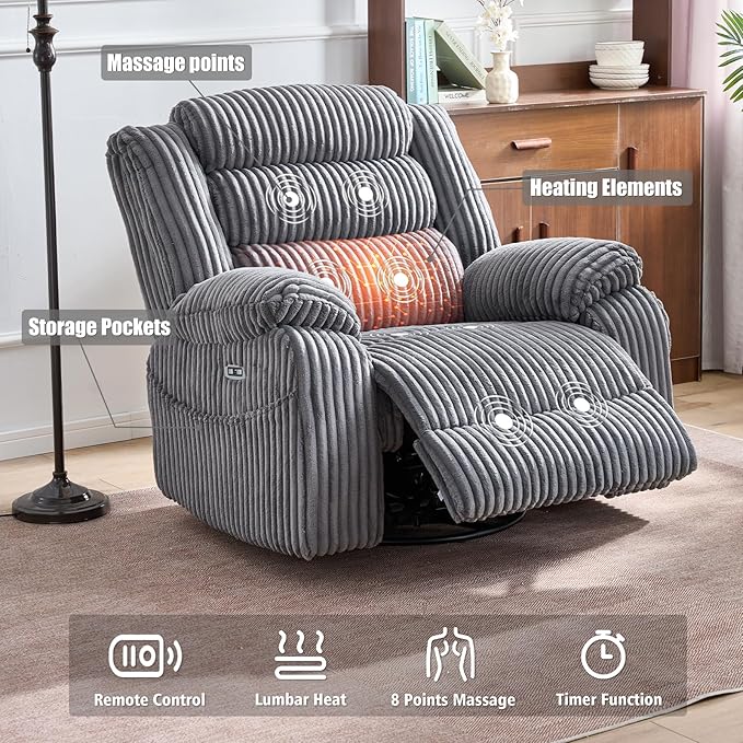 Power Swivel Rocker Recliner Chair for Adults with Massgae and Heat, USB and Type-C Charging Port, Infinite Position, Electric Glider Rocking Chairs for Living Room, Nursery, Grey
