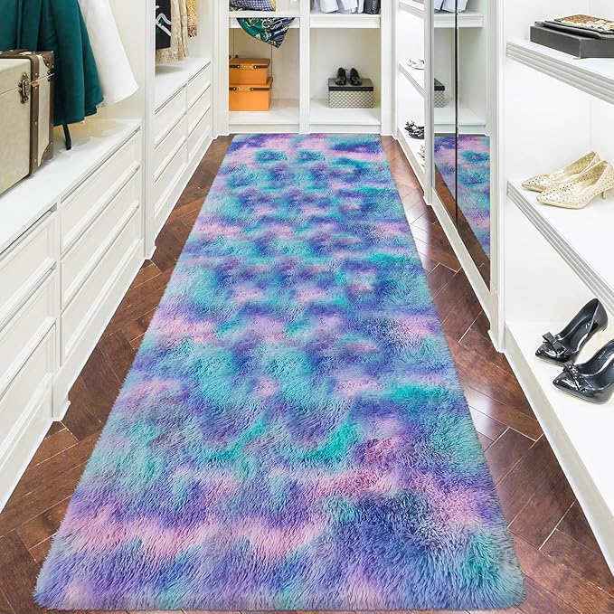 Shaggy Tie Dyed Light Purple Runner Rug 3x10 ft Bedside Area Rugs for Living Room, Anti-Skid Extra Comfy Fluffy Floor Carpet for Indoor Hallway Home Decorative
