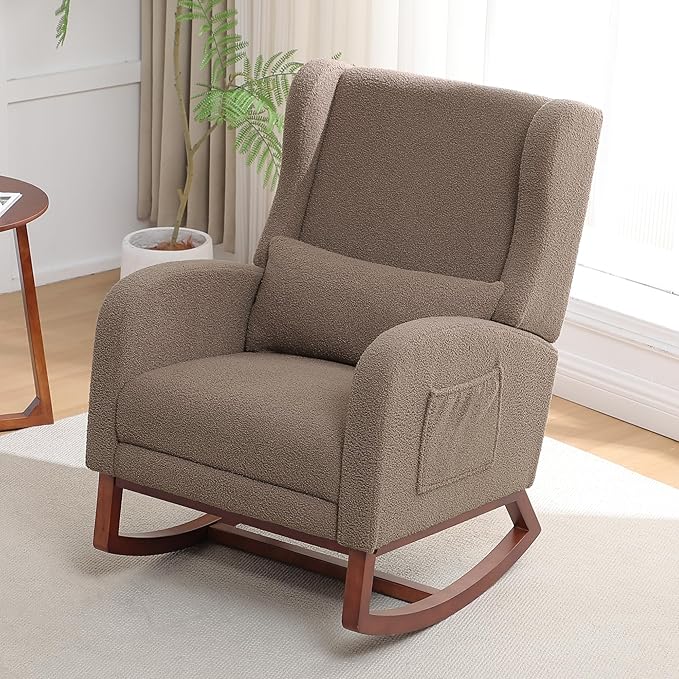 Rocking Chair Nursery with Foot Rest,Teddy Nursery Rocking Chairs, Wingback Nursing Glider Rocker Chair with Pillow and High Back for Nursery, Living Room, Bedroom, Coffee