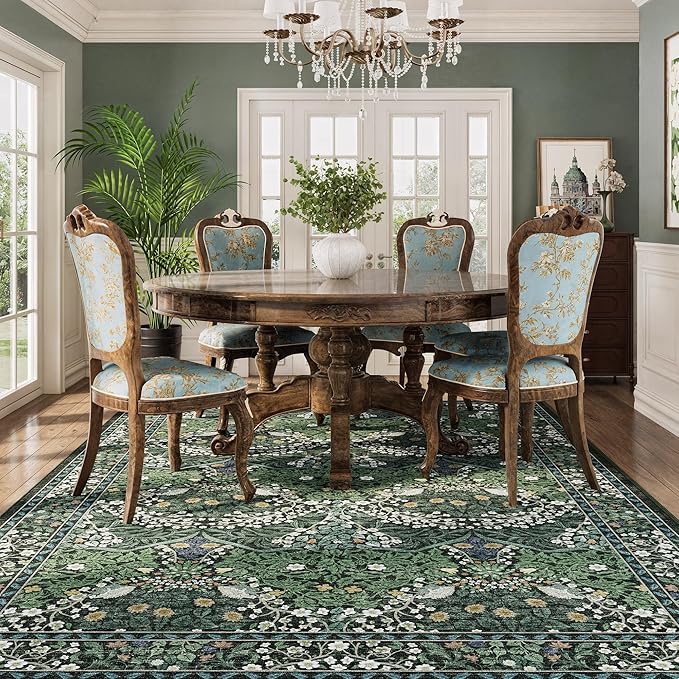 5x7 Washable Dark Green Floral Area Rug for Living Room, Non-Slip Soft Floral Print Vintage Boho Carpet, Forest Green Low Pile Rugs for Bedroom, Dining Room, Indoor Decor