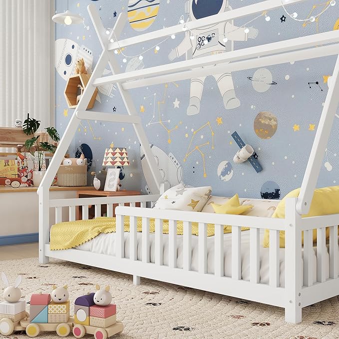 Twin House Bed with Roof & LED Light, Low Profile House Bed with Fence, Safe Guardrails, DIY-Friendly for Boys & Girls, Solid Wood & MDF Construction, No Box Spring Required, White