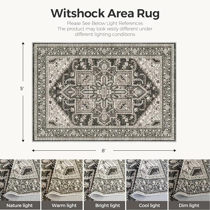 WITSHOCK Black Living Room Area Rugs 5x8: Washable Rug Boho Soft Low Pile Stain Resistant Foldable Carpet for Foyer Entryway, Bedroom Playroom Dining Room Office Kitchen Farmhouse Modern Rug