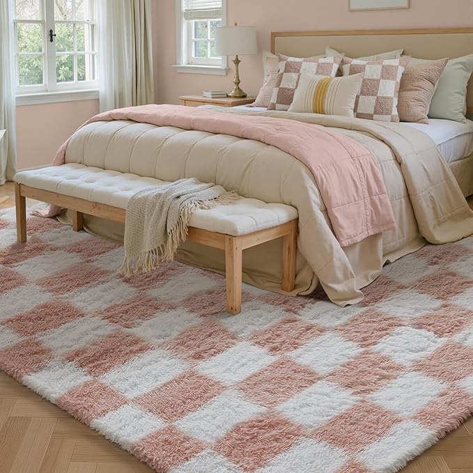 Checkered Rug 5x8 for Living Room, Pink and White Modern Shag Rug Super Soft Washable Indoor Fuzzy Carpet Non-Slip Fluffy Rugs for Bedroom Home Aesthetic Decor