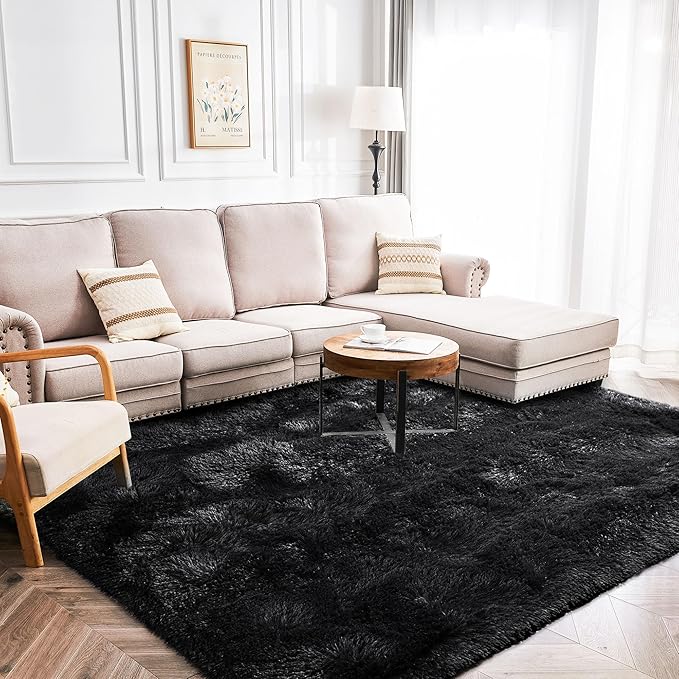 Fluffy Rug Flame Resistant 5x7 Feet, Black Throw Rugs for Living Room, Ultra Soft Shag Fuzzy Plush Carpets Indoor