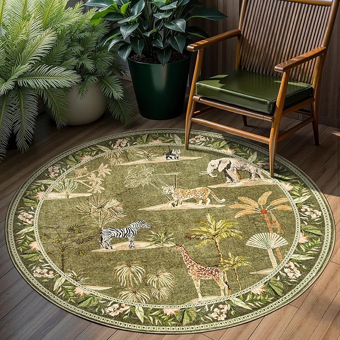 jinchan Round Rug 4ft Green Jungle Animals Print, Machine Washable 4' Circle Modern Soft Non-Slip Forest Plant Throw Area Rug Ultra-Thin Low Pile Christmas Carpet for Entryway Bedroom Kitchen Room