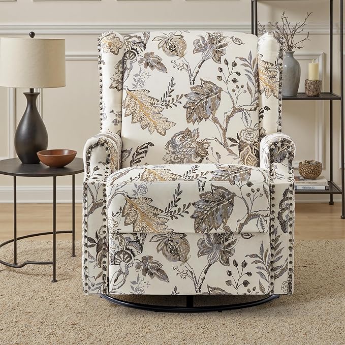 UIXE Floral Swivel Glider Recliner Chairs Set of 2, High Back Nursery Rocker Fabric Accent Chair for Living Room, Rivet Trim Upholstered Armchair Manual Reclining Sofa Seating - Beige Plants