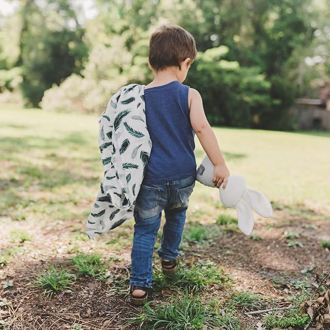 Margaux & May Organic Muslin Swaddle Blankets 2 Pack - 100% Organic, Large 47x47 Inches, Breathable Baby Blankets, Blue Fern and Green Feather