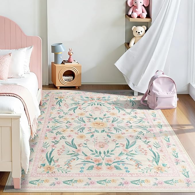 5x7 Pink Floral Nursery Rug,Pink Rugs for Bedroom Girls,Machine Washable Non Slip Soft Faux Wool Carpet,Cute Boho Indoor Area Rugs for Kids Room or Playroom