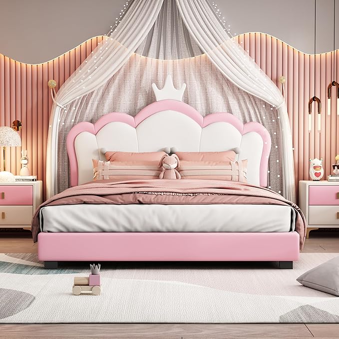 CITYLIGHT Full Size Princess Bed for Girls, PU Upholstered Platform Bed with Crown Headboard, Cute Beds Full Bed Frame for Kids, Pink+White