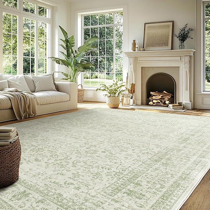 Sage Green Rug for Bedroom Neutral Boho Farmhouse Floral Washable Soft Faux Wool No Slip Area Rugs for Living Room Home Office,5x8