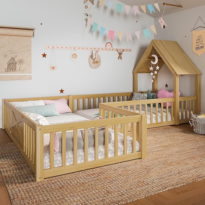 Harper & Bright Designs Twin Size House Shaped Double Floor Bed with Door and Full-Length Guardrails, Solid Wood Kids Montessori Floor Bed for Girls Boys, Multi-Function, Natural