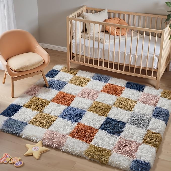Checkered Rug 3x5 for Living Room, Modern Rainbow Shag Rug Super Soft Washable Indoor Fuzzy Carpet Non-Slip Fluffy Rugs for Bedroom Home Aesthetic Decor