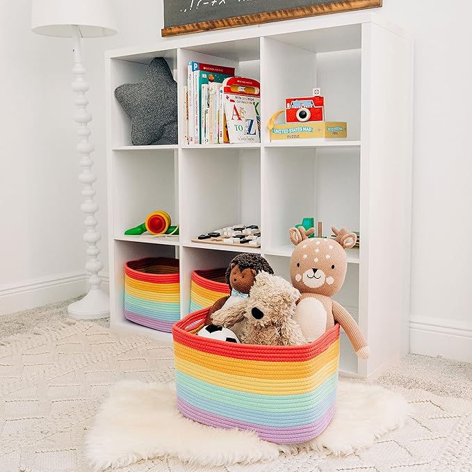 OrganiHaus Rainbow Woven Storage Baskets for Organizing, Cotton Rope Organizer Bins for Shelves, Closet & Nursery, Dog Toy Basket, Decorative Bins for Toys, Towels & Books - 15x10x9