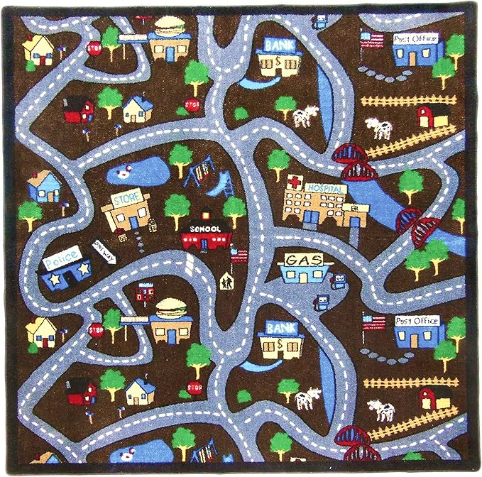 SAFECASTLE Kids Carpet Country Roads Rug 4'4" x 5'6" Educational Road & Street Play Mat with Buildings and Landmarks Learning & Activity Rug for Kids, Toddlers, Nursery, Classroom, Playroom & Daycare