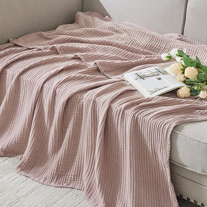 EMME Cotton Muslin Large Throw Blanket Couch Breathable Gauze Soft Lightweight Bed Blankets Adults (Heather Dusty Pink, 50"x70")
