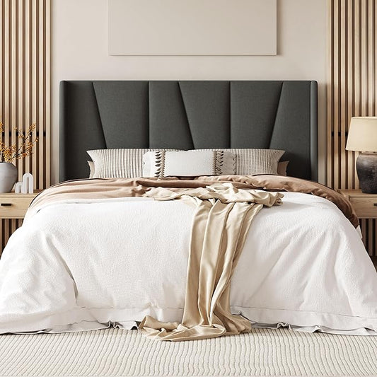 Allewie Full Size Platform Bed Frame with Geometric Wingback Headboard, Boho Upholstered Bed with Wooden Slats Support, No Box Spring Needed, Easy Assembly, Dark Grey