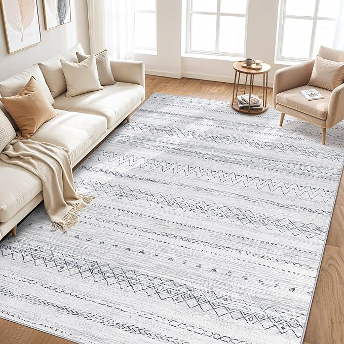 Area Rugs for Living Room Washable Living Room Rug Soft Neutral Indoor Floor Carpet Non-Slip Stain Resistant Modern Boho Rugs for Bedroom Dining Room Kids Room Nursery Office Home Grey